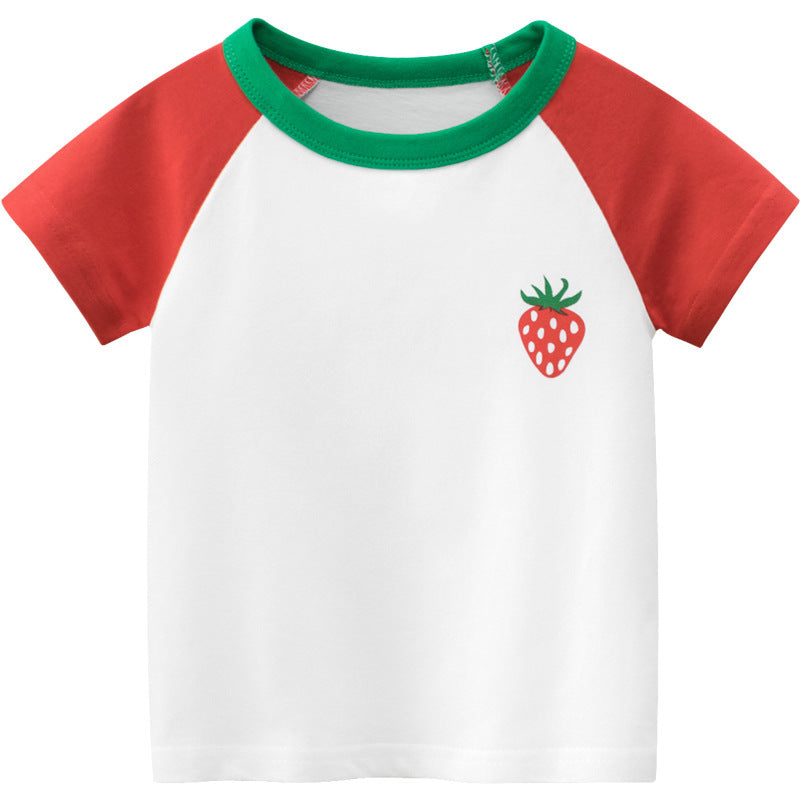 Fashion Stitching Print Cartoon Girls Short Sleeve T-shirt