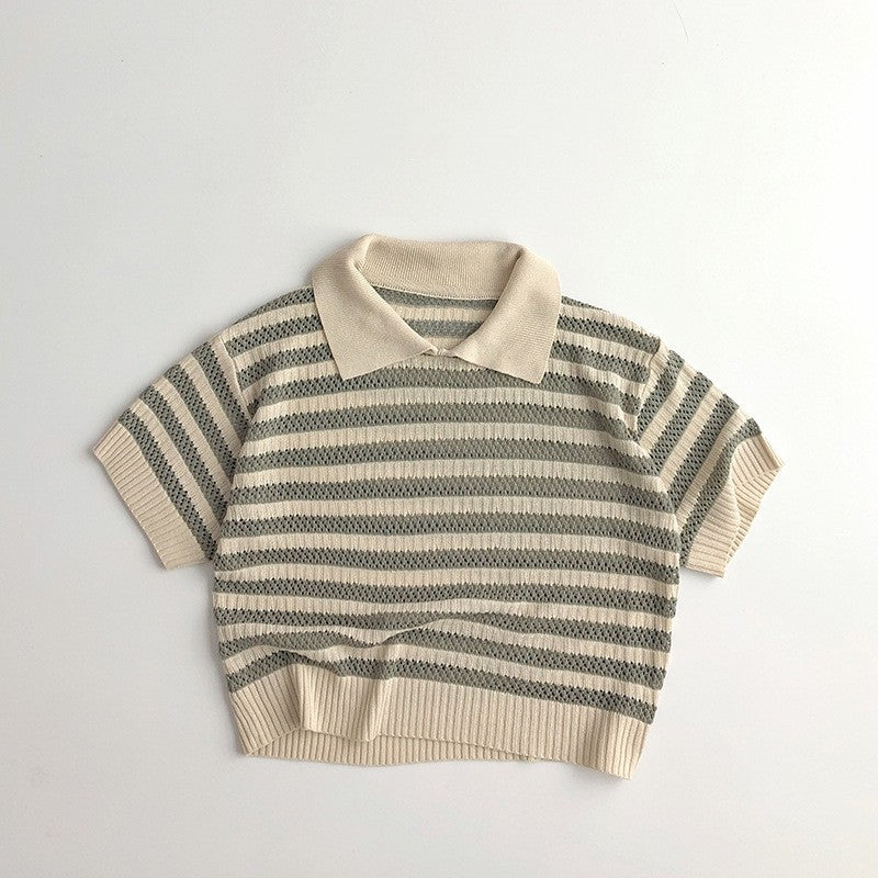 Children's Hollow Sweater Western Style Striped Short-sleeved T-shirt