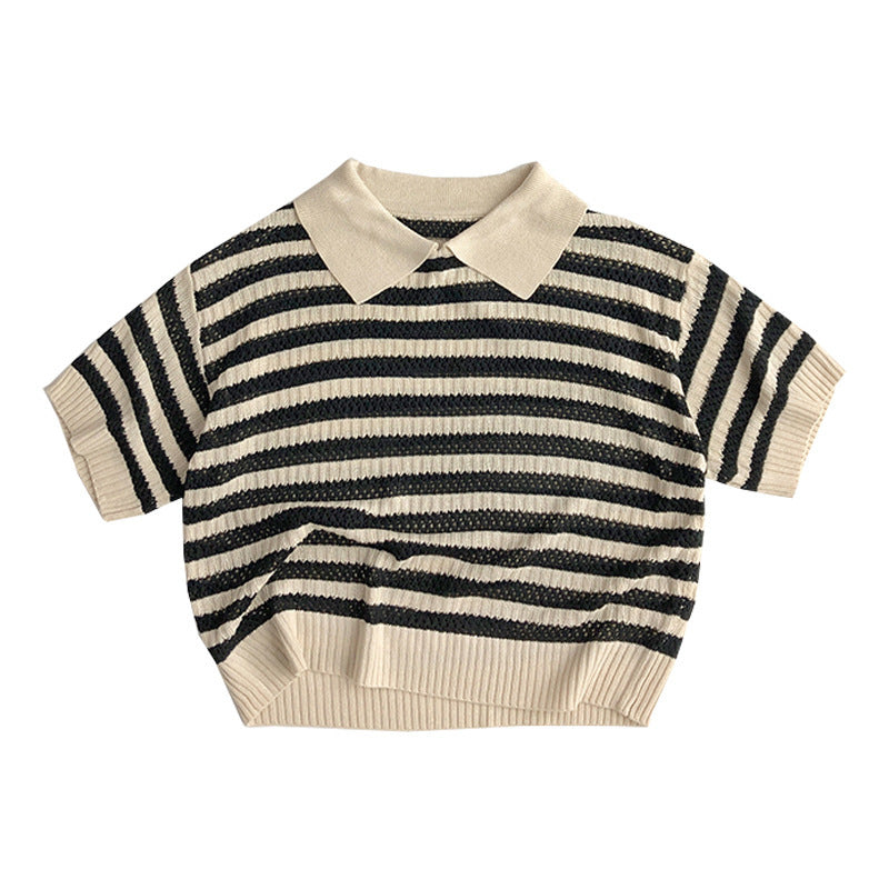 Children's Hollow Sweater Western Style Striped Short-sleeved T-shirt