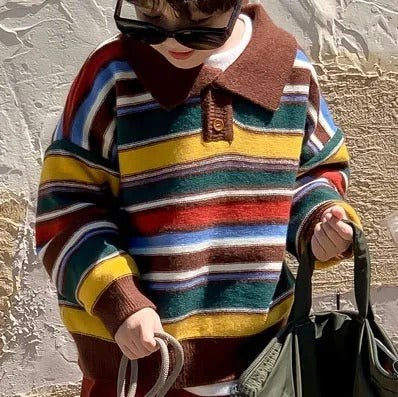 Autumn Boys And Girls Korean Style Polo Collar Stripes Knitted Top