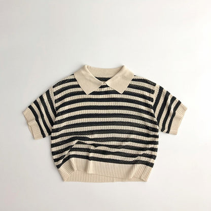 Children's Hollow Sweater Western Style Striped Short-sleeved T-shirt